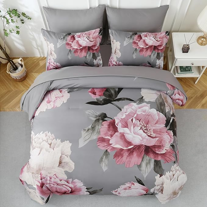 Dobuyly Pink and Grey Comforter Set Full Size 7 Piece Bed in a Bag, Floral Printed on Gray Full Comforter Set with Sheets, Soft Microfiber Botanical Complete Bedding Set for All Season