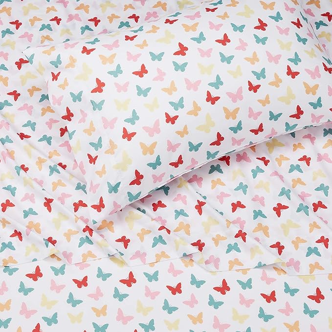 Amazon Basics Kid's Soft Easy-Wash Microfiber 3-Piece Sheet Set, Twin, Multi-Color Butterflies, Butterfly Friends, Printed