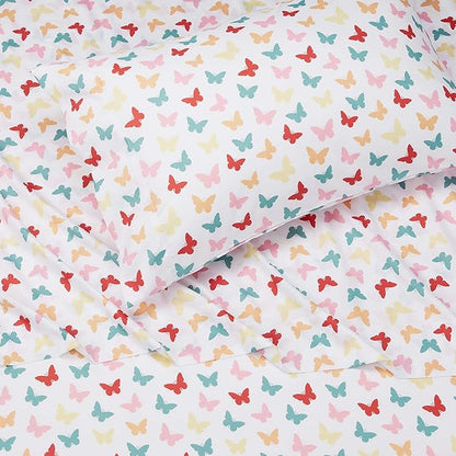 Amazon Basics Kid's Soft Easy-Wash Microfiber 3-Piece Sheet Set, Twin, Multi-Color Butterflies, Butterfly Friends, Printed