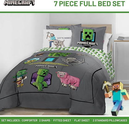 Jay Franco Kids Comforter Set Includes Sheets and Pillow Covers - Soft and Cozy Bed Set for Stylish Room Decor, Grey - Minecraft Movie, 7 Piece Full Size Bedding