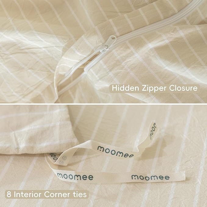 MooMee Striped Duvet Cover Set 100% Washed Cotton Linen Like Textured Breathable Durable Soft Comfy (Almond Milk Grey White Wide Stripes, Palatial King/Oversized King 120"x98")