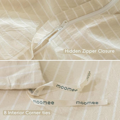 MooMee Striped Duvet Cover Set 100% Washed Cotton Linen Like Textured Breathable Durable Soft Comfy (Almond Milk Grey White Wide Stripes, Palatial King/Oversized King 120"x98")