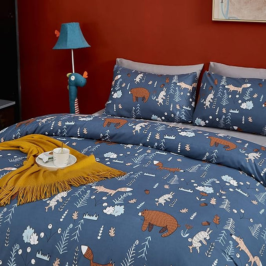 CLOTHKNOW Kids Comforter Set Twin Blue Animal Woodland Bedding Sets Cartoon Forest Fox Rabbit Comforter with 2 x Pillow Cases