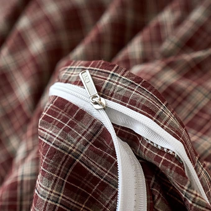EAVD Vintage Style Burgundy Gingham Duvet Cover Twin 100% Washed Cotton Like Linen Feel Soft Checkered Grid Plaid Bedding Set with 2 Pillowcases Farmhouse Grid Geometric Duvet Cover with Zipper