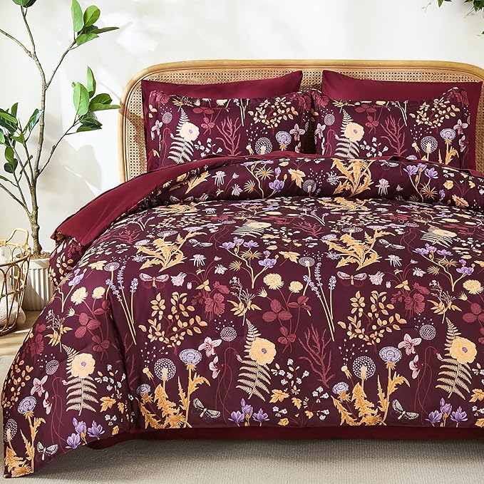 Yiran Queen Comforter Set 7 Piece, Burgundy Floral Bedding Set, Bed in a Bag Queen Size with Botanical Flowers Spring, Soft Lightweight Dark Red Comforters with Sheets Complete for All Season