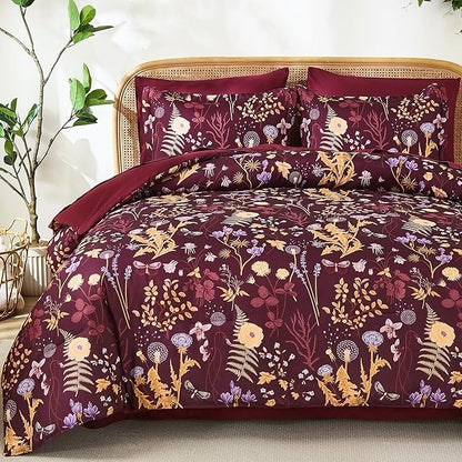 Yiran Queen Comforter Set 7 Piece, Burgundy Floral Bedding Set, Bed in a Bag Queen Size with Botanical Flowers Spring, Soft Lightweight Dark Red Comforters with Sheets Complete for All Season