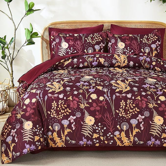 Yiran King Size Comforter Set 7 Piece, Burgundy Floral Bedding Set, Lightweight Bed in a Bag King with Botanical Flowers Spring, Soft Warm Dark Red Comforters with Sheets Complete for All Season