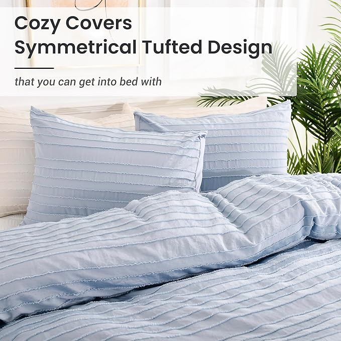 NEXHOME PRO Duvet Cover,Blue 3 Pieces Boho Tufted Duvet Cover Set, Soft and Lightweight 100% Washed Microfiber Comforter Cover Set for All Season(Blue Cal King, 104 x 98)-No Comforter