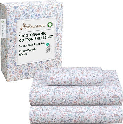 RUVANTI 100% Organic Cotton Sheets Twin XL, Percale Weave, GOTS Certified, 3-Piece Set, Deep Pocket 15", Crisp & Breathable, Soft Durable Bedding, Sábanas Algodón Orgánico – Multi Paisley