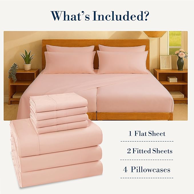Casa Platino 100% Cotton Split King Size Sheets Set – 7 Piece Crisp Percale Split King Size Cooling Sheets, Lightweight for Summer, with 15" Deep Pocket Fitted Sheet, Comfortable Sleep – Veiled Rose