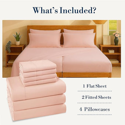 Casa Platino 100% Cotton Split King Size Sheets Set – 7 Piece Crisp Percale Split King Size Cooling Sheets, Lightweight for Summer, with 15" Deep Pocket Fitted Sheet, Comfortable Sleep – Veiled Rose