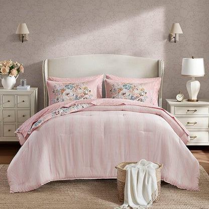 Madison Park Essentials Floral Comforter Set Twin XL Size, Vintage Flower Bedding Set with Sheet Set, 5 Pieces Bed in a Bag with Reversible Botanical Comforter and Pillowcases & Shams, Heather, Pink