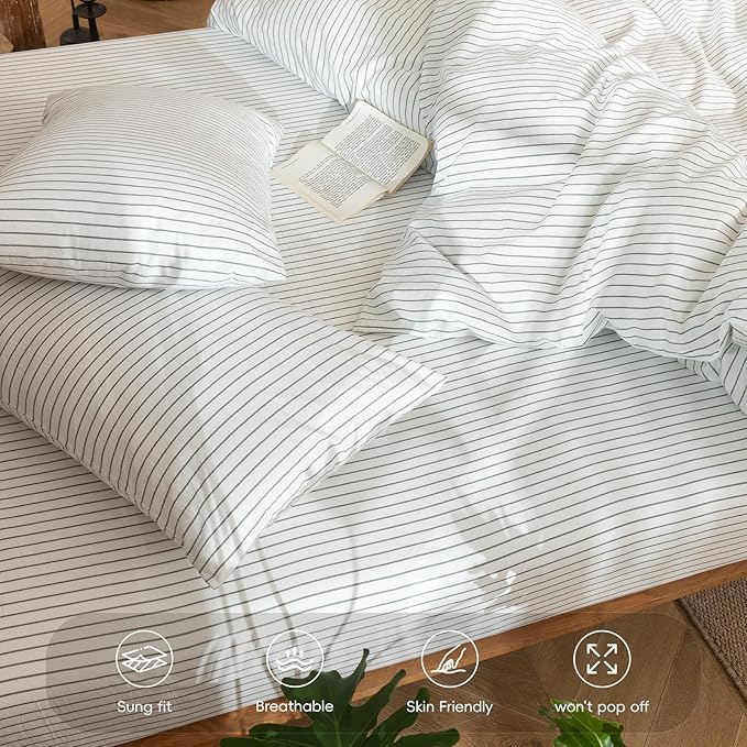 MooMee Stripes Fitted Bottom Sheet Only 100% Washed Cotton Linen Like Textured Breathable Durable Soft Comfy Deep Pocket (White Heathered Green Wide Stripes, Queen)