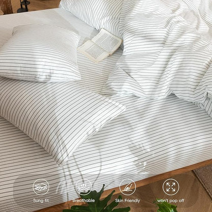 MooMee Stripes Fitted Bottom Sheet Only 100% Washed Cotton Linen Like Textured Breathable Durable Soft Comfy Deep Pocket (White Heathered Green Wide Stripes, Queen)