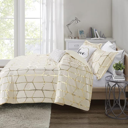 Intelligent Design Raina King/Cal King Comforter Set, Soft Microfiber, Modern Geometric Metallic Bed Set, 5 Pieces College Bedding with 2 Shams, 2 Toss Pillows Ivory/Gold