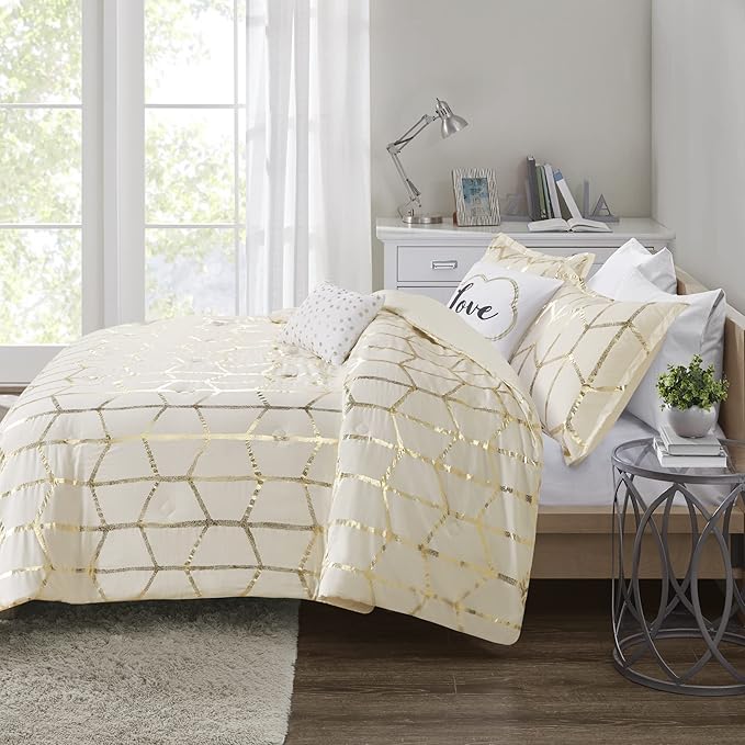 Intelligent Design Raina Full/Queen Comforter Set, Soft Microfiber, Modern Geometric Metallic Bed Set, 5 Pieces College Bedding with 2 Shams, 2 Toss Pillows Ivory/Gold