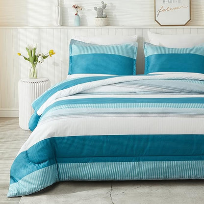 Litanika Queen Comforter Set White Teal - 3 Pieces Lightweight Fluffy Bedding Comforter Sets, All Season Down Alternative Comforter (1 Comforter, 2 Pillowcases)