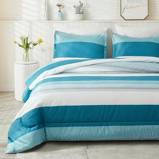 Litanika Teal White Comforter Twin Set, XL Twin Comforter Striped Bedding Comforter Set, 2 Pieces Lightweight Soft All Season Down Alternative Comforter