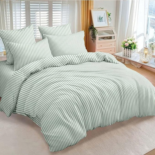 Nayoroom Green Striped Comforter Set Queen Size White Stripe Comforter 3 Pieces Girls Soft Lightweight Pinstripe Dorm Bedding Set for All Seasons