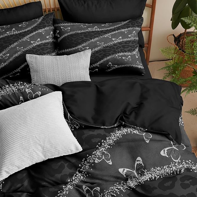 Black Leopard Print Comforter Set Twin Size,Grey Butterfly Bedding Set with 1 Pillowcases for Adult Women - 2 Pieces Soft Fluffy Breathable Microfiber/Great Bedroom Decor,(68 * 86)