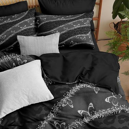 Black Leopard Print Comforter Set Twin Size,Grey Butterfly Bedding Set with 1 Pillowcases for Adult Women - 2 Pieces Soft Fluffy Breathable Microfiber/Great Bedroom Decor,(68 * 86)