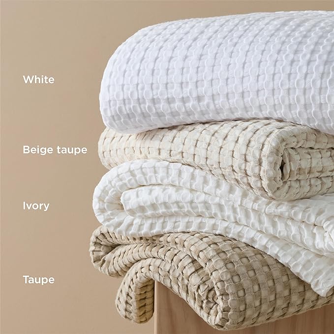 Bedsure Cooling Cotton Waffle Full Size Blanket - Lightweight Breathable Blanket of Rayon Derived from Bamboo for Hot Sleepers, Luxury Throws for Bed, Couch and Sofa, Light Brown, 80x90 Inches