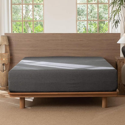 MooMee Fitted Bottom Sheet Only 100% Washed Cotton Linen Like Textured Breathable Durable Soft Comfy Deep Pocket Fits Mattress up to 17" (Dark Grey, King)
