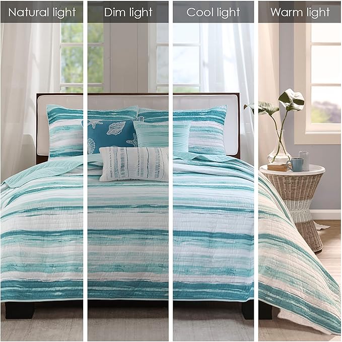 Madison Park Quilt Set Cottage Coastal Design, 6 Piece Set - All Season, Coverlet Bedspread Lightweight Bedding Layer, Shams, Toss Pillows, Full/Queen(90 in x 90 in), Aqua/White