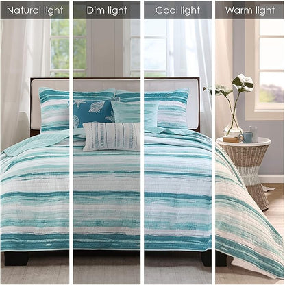 Madison Park Quilt Set Cottage Coastal Design, 6 Piece Set - All Season, Coverlet Bedspread Lightweight Bedding Layer, Shams, Toss Pillows, Full/Queen(90 in x 90 in), Aqua/White