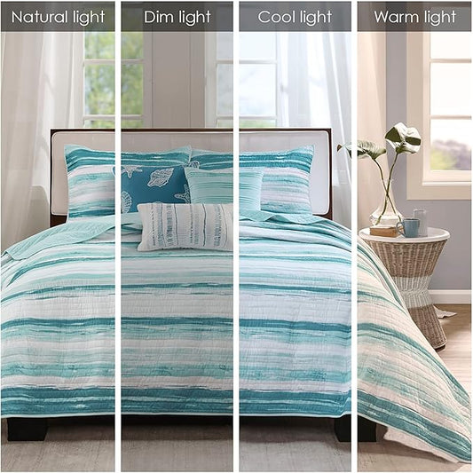 Madison Park Quilt Set Cottage Coastal Design, 6 Piece Set - All Season, Coverlet Bedspread Lightweight Bedding Layer, Shams, Toss Pillows, Full/Queen(90 in x 90 in), Aqua/White
