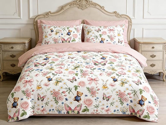 Pink Botanical Comforter Set King for Girls, 5Pcs Bow Butterfly Bedding for Kids Kawaii Bedroom Decor, Cute Priness Girly Rabbit Bear Comforter Set with 2 Pillowcases, 90"x90"