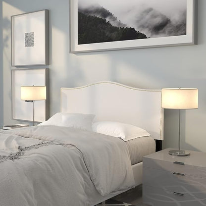 EMMA + OLIVER Upholstered Full Size Headboard with Nailtrim in White Fabric