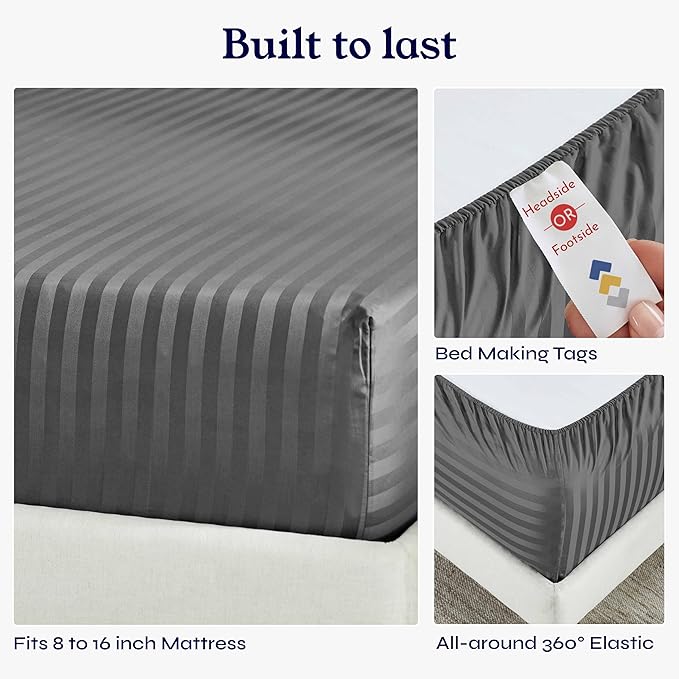 California Design Den - Luxury Full Sheets Sets Cotton Soft 100% Cotton Sheets Deep Pockets Snug Fit Elastic, 500 Thread Count Sateen, Damask Stripe Bed Sheets (Stripe - Grey)