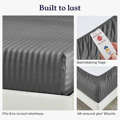 California Design Den - Luxury Full Sheets Sets Cotton Soft 100% Cotton Sheets Deep Pockets Snug Fit Elastic, 500 Thread Count Sateen, Damask Stripe Bed Sheets (Stripe - Grey)