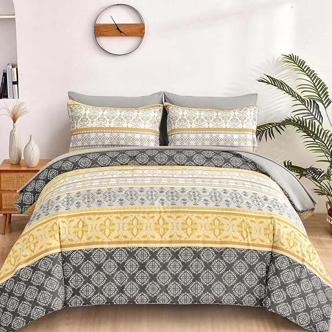 WONGS BEDDING Boho Comforter Set King Size,7 Pieces Bed in a Bag Bohemian Striped Bedding Set,Yellow Paisley Floral Comfortet and Sheet Set,Soft Microfiber Bedding Sets for All Season
