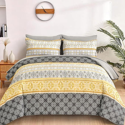 WONGS BEDDING Boho Comforter Set King Size,7 Pieces Bed in a Bag Bohemian Striped Bedding Set,Yellow Paisley Floral Comfortet and Sheet Set,Soft Microfiber Bedding Sets for All Season