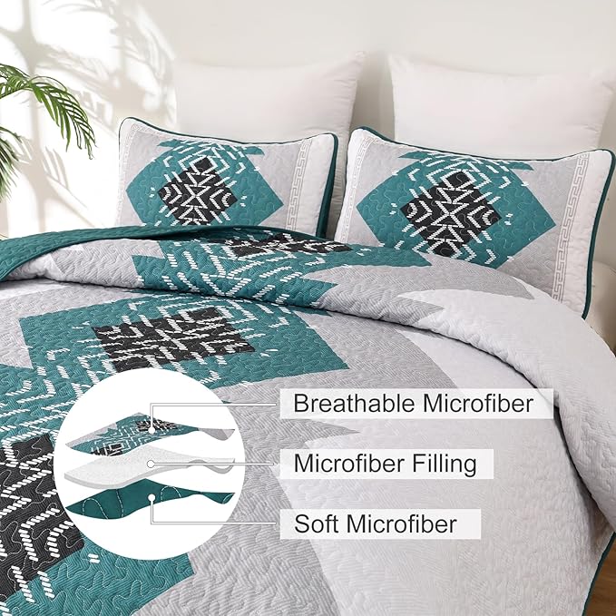 Dintszyayue Teal Boho Quilt Set Queen 3 Pieces Turquoise Aztec Texture Bedspread Coverlet Set with 2 Pillowcases Soft Lightweight Microfiber Bohemian Quilt Bedding Set for All Season 90"x96"