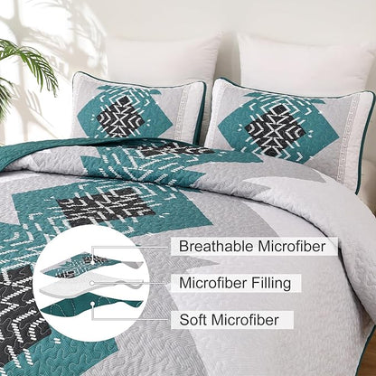 Dintszyayue Teal Boho Quilt Set Queen 3 Pieces Turquoise Aztec Texture Bedspread Coverlet Set with 2 Pillowcases Soft Lightweight Microfiber Bohemian Quilt Bedding Set for All Season 90"x96"
