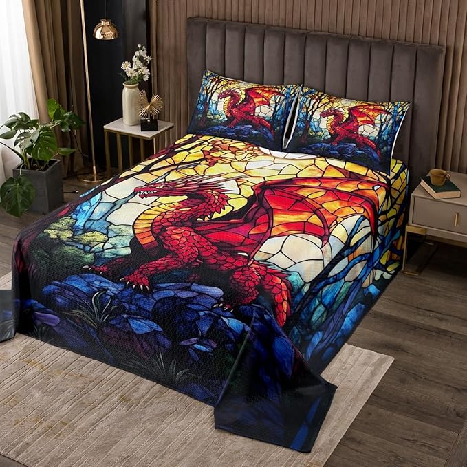 Western Dragon Kids Bedspread Queen Size,Pine Tree Artwork Life Glass Dragon Coverlet Set,Boys Girls Room Decor,Geometric Patchwork Abstract Quilted Coverlet,Red Retro Bedding Quilt,2 Pillowcases