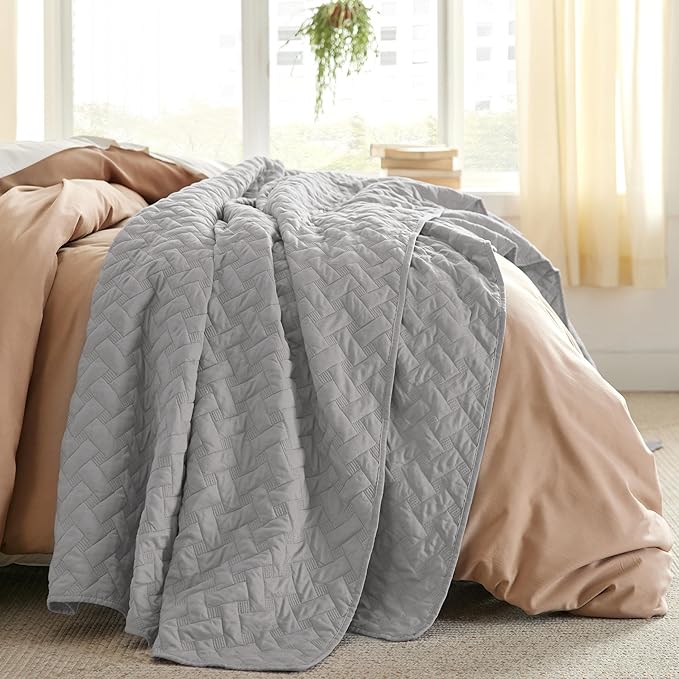 Bedsure California King Quilts - Lightweight Bedspreads Cal King Size with Basket Weave Pattern, Soft Quilt Bedding Set, Light Grey Comforter Set Coverlet with 2 Pillow Shams (111" x 106") | Skin-Friendly Soft, All-Season Comfort, Breathable, Lightweig...