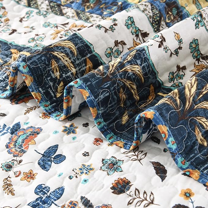 HORIMOTE HOME Boho Style Twin Size Quilt Set Yellow Bohemian Floral Strip Quilt Beddding Set, Soft and Lightweight Bedspread for All Season,XL Twin Bed Coverlet with 1 Matching Pillow Sham (2 Pieces)