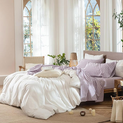 MooMee Gingham Sheet Set 100% Washed Cotton Linen Like Textured Breathable Soft w/Fully Elasticized 16-19" Deep Pocket (Classic Gingham Light Purple, Queen)