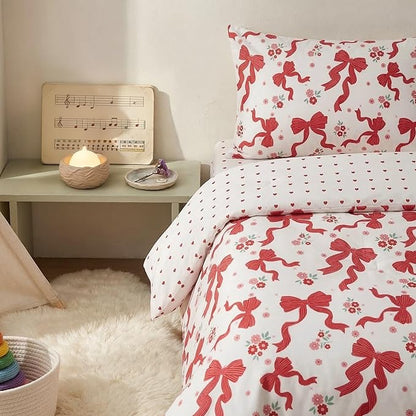 Red Bow Comforter Set Full for Girls, 3Pcs Ribbon Bowknot Bedding for Kids Kawaii Bedroom Decor, Dreamy Priness Girly Puple Stripe Bows Comforter Set with 2 Pillowcases, 79"x90"