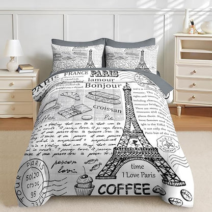 Nesker Comforter Set Full Size, Retro Eiffel Tower Paris 7 Pcs Bedding for Kids and Adults, Vintage French Cafe Bed Sheet Sets with Fitted Sheet 2 Pillowcases & 2 Shams