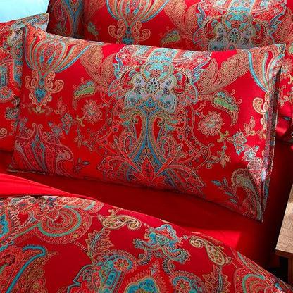 mixinni Long Staple Cotton Percale Paisley Duvet Cover for Queen Size Bed Boho Floral Pattern 3 Pieces Bedding Set with Zipper Ties for Him and Her, 1 Duvet Cover and 2 Pillowcases for All Seasons