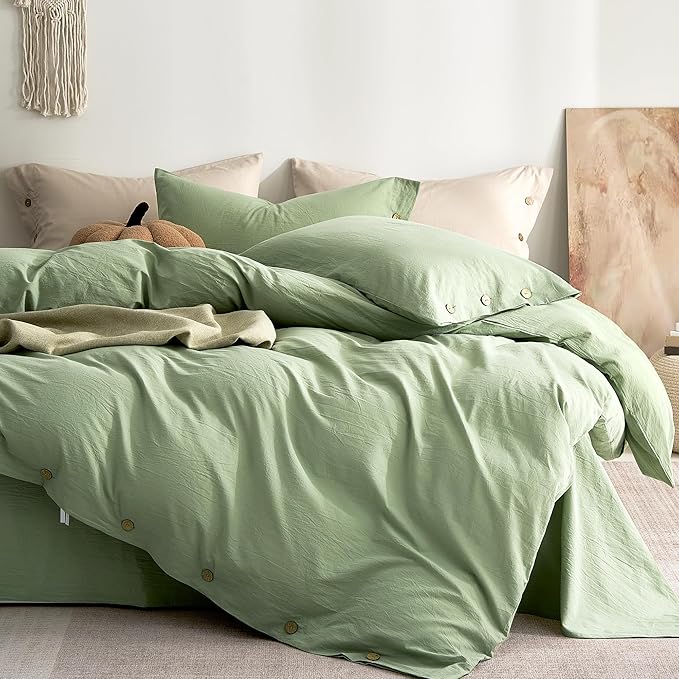 JELLYMONI 100% Washed Cotton Duvet Cover Queen – Soft, Breathable Linen-Look Bedding with Natural Wrinkle Texture, Button Closure, 3-Piece Set (Mint Green, 90"x90")