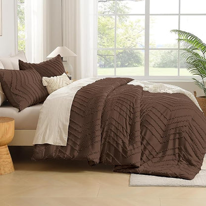 Andency Brown Comforter Set King Size, Boho Soft Warm Tufted Bedding Comforter Sets for King Size Bed, 3 Pieces Aesthetic Chevron Farmhouse Cute Bohemian Textured Bedding Set