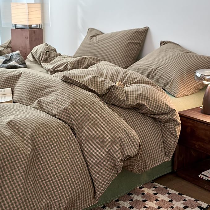 Gingham Full Duvet Cover Sage Green Washed Cotton Full Comforter Cover Plaid Checkered Country Zipper Duvet Cover Set with Corner Ties Boho Soft Bedding Set for Boys Duvet Protector