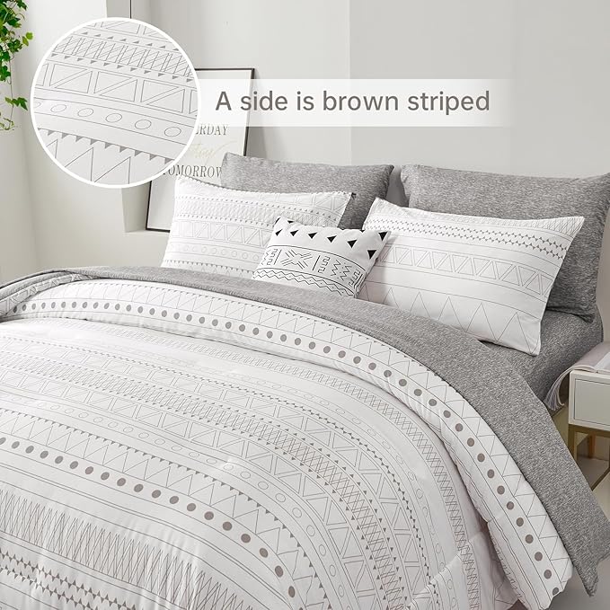 WONGS BEDDING Boho Comforter Set Queen,7 Pieces White Grey Geometric Bed in a Bag Comforter Bohemian Soft Microfiber Bedding Set for All Season with Pillowcases & Shams,Flat Sheet,Fitted Sheet