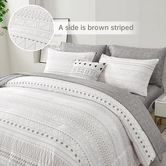 WONGS BEDDING Boho Comforter Set King Size,7 Pieces Grey White Geometric Bohemian Bed in a Bag Comforter Complete Striped Bedding Set for All Season with Sheets,Pillowcases & Shams Soft Microfiber